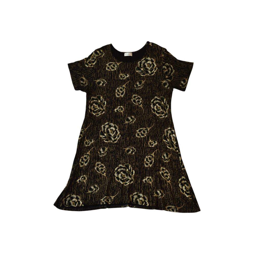 Vintage 90s Black Gold Whimsy Floral Dress Size XL USA Made